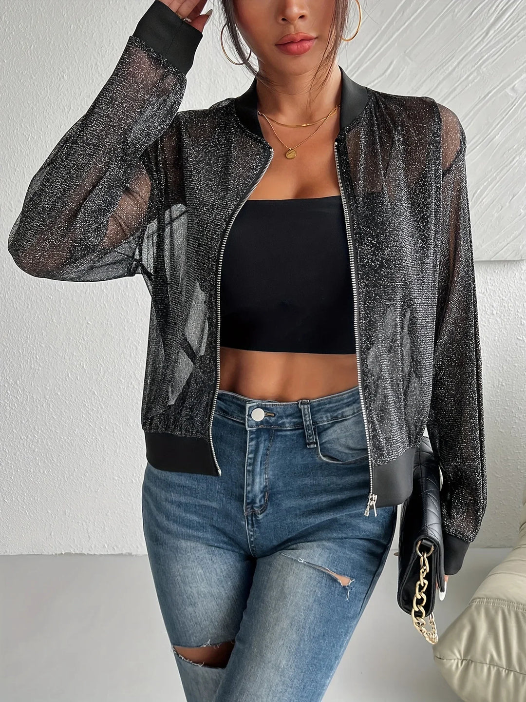 Dames bomberjack | Zwart mesh jas met glitter en rits