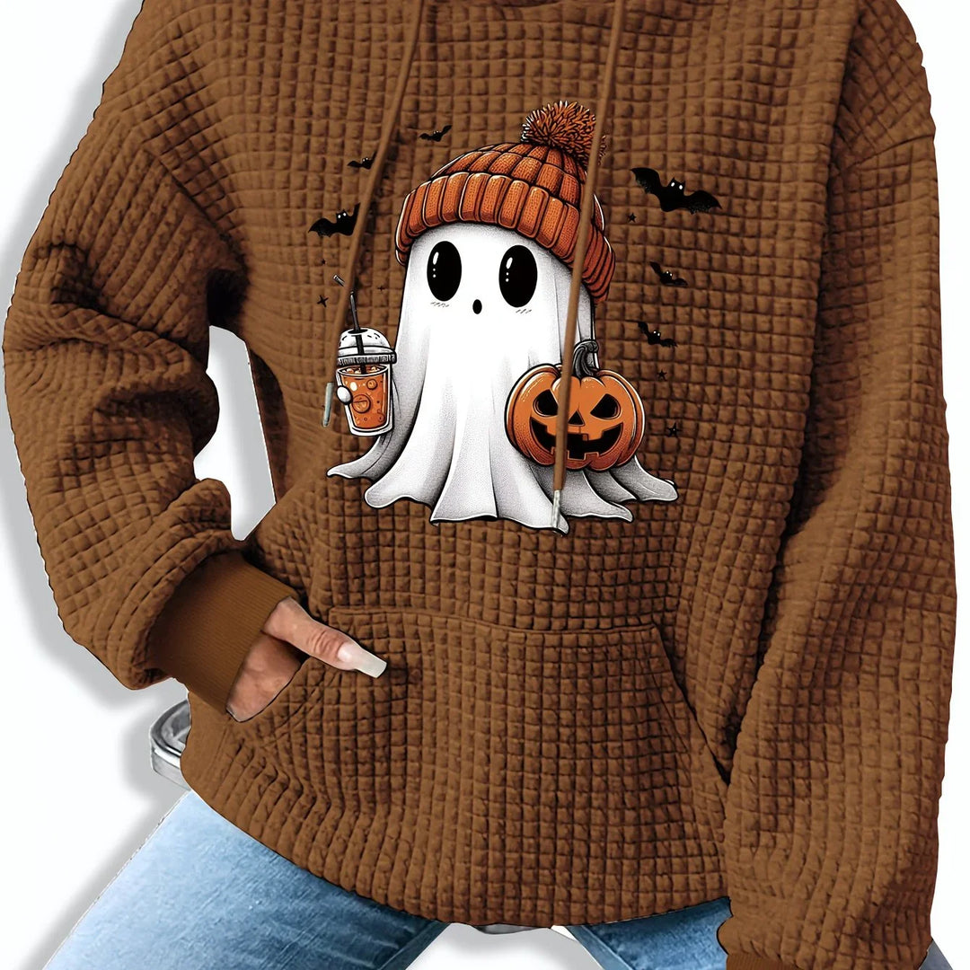 Dames hoodie | Halloween spook trui met capuchon en pompoenprint