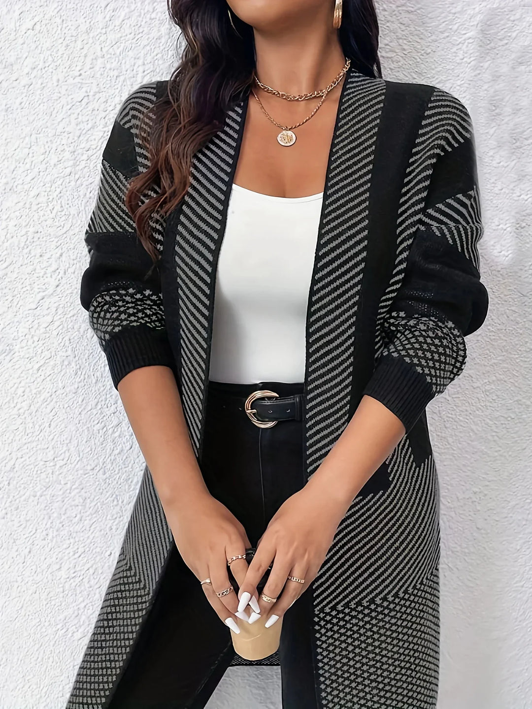 Dames vest | Lang zwart wit gebreide trui openvallend