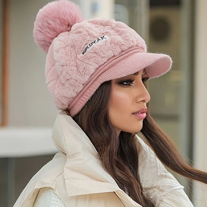Muts dames met klep | Elegante gebreide winter baret met pompon