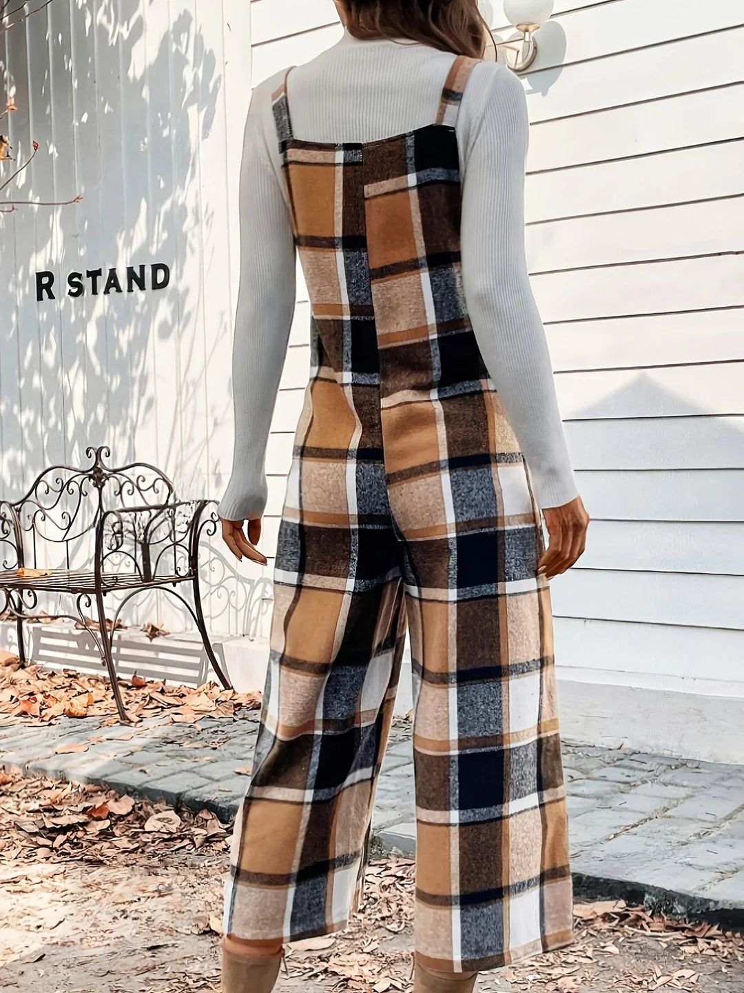 Dames jumpsuit | Ruit broekpak met square neck en wijde pijpen