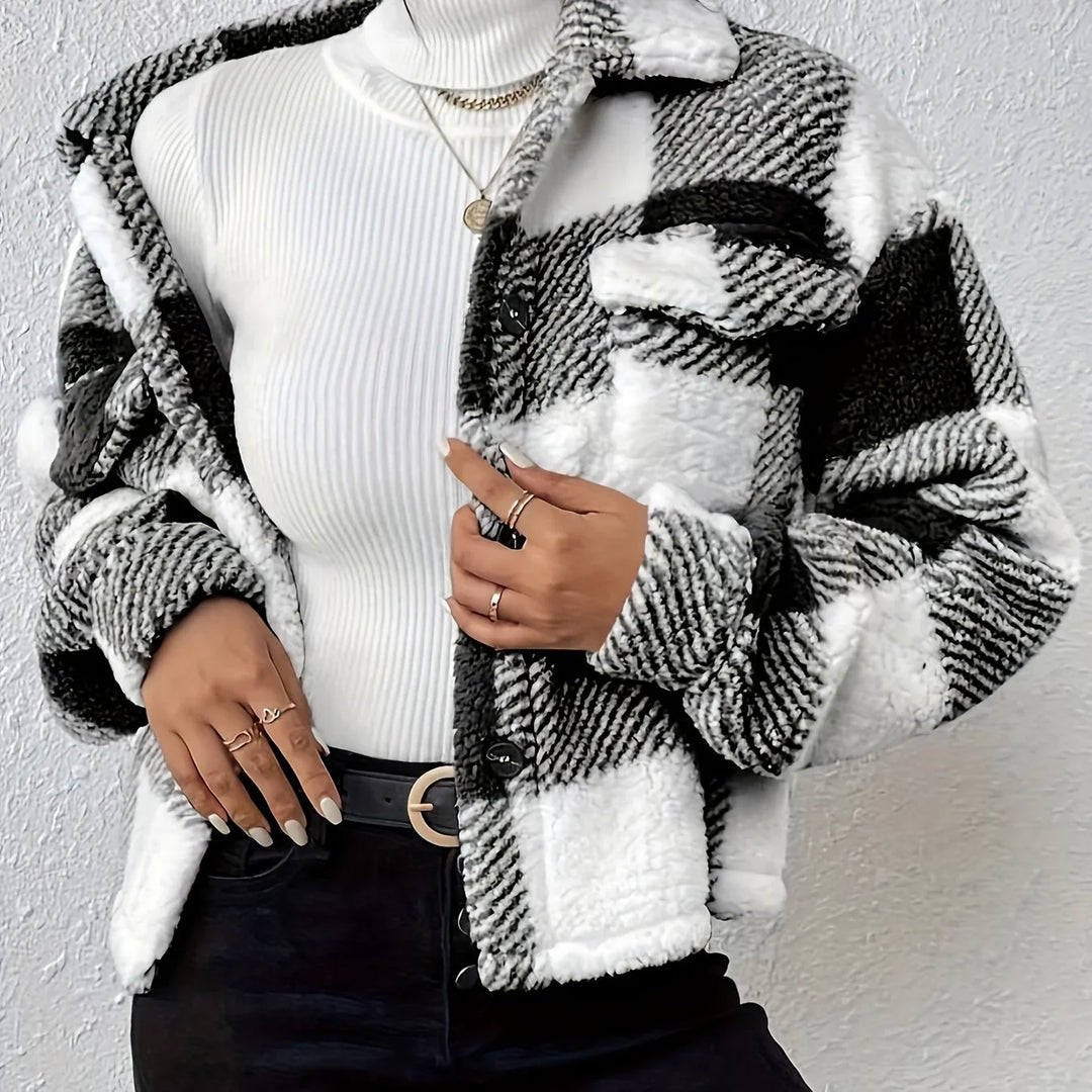 Dames teddy jas | Zwart wit ruitprint tussenjas met knopen