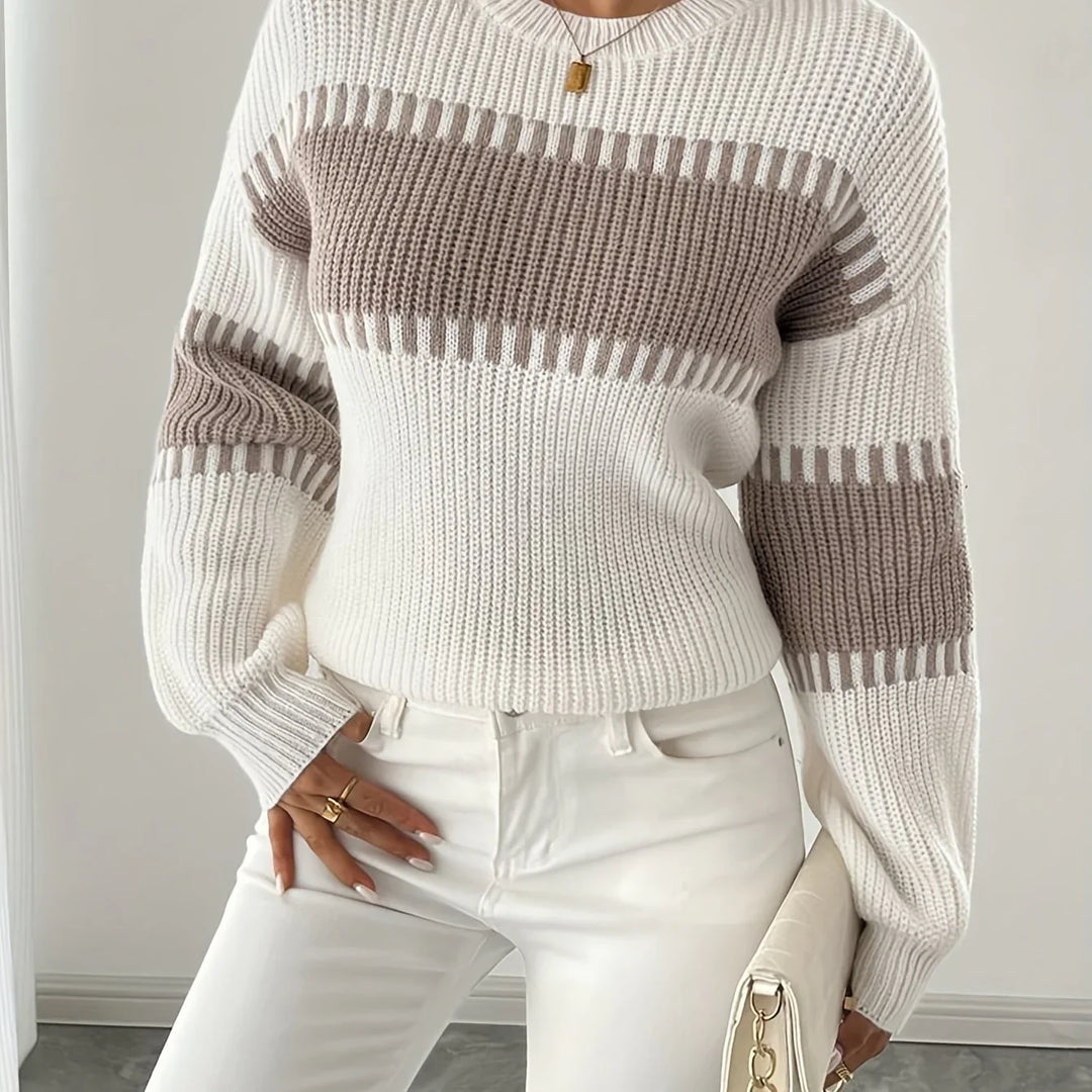Dames trui | Gebreide sweater met strepen en ronde hals