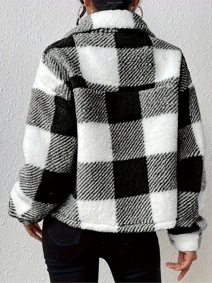 Dames teddy jas | Zwart wit ruitprint tussenjas met knopen