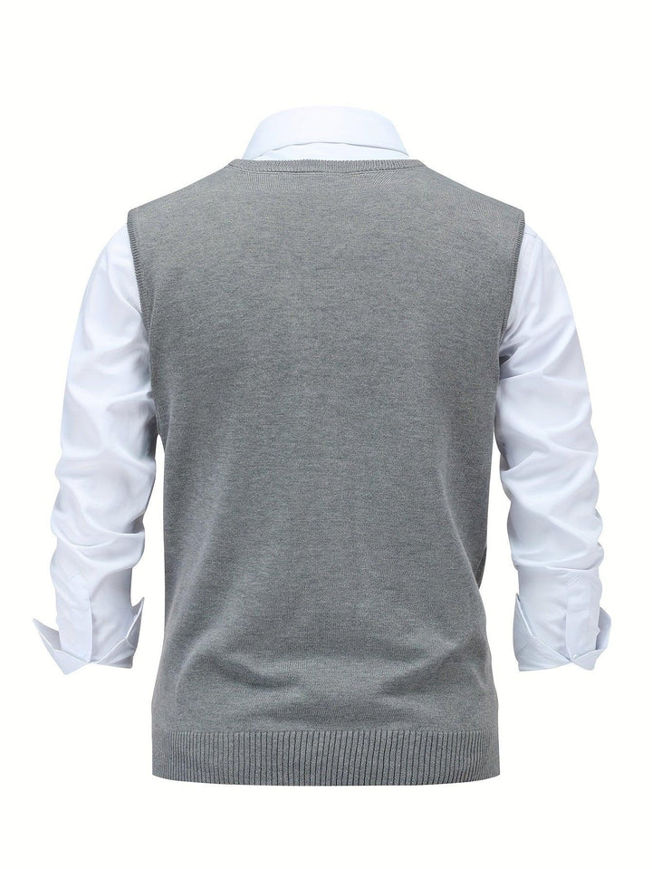 Heren pullover | Gebreide v-hals trui zonder mouwen met ruitpatroon