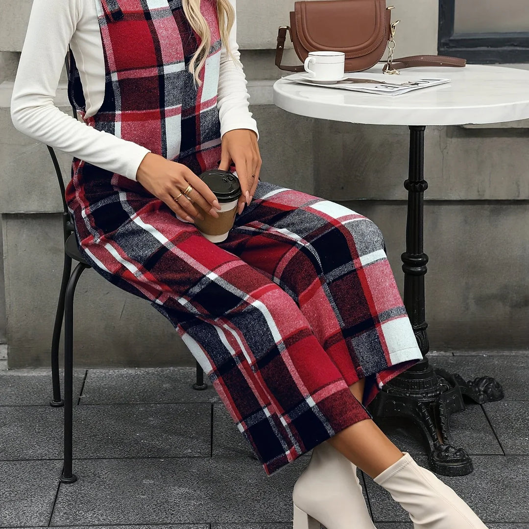 Dames jumpsuit | Ruit broekpak met square neck en wijde pijpen