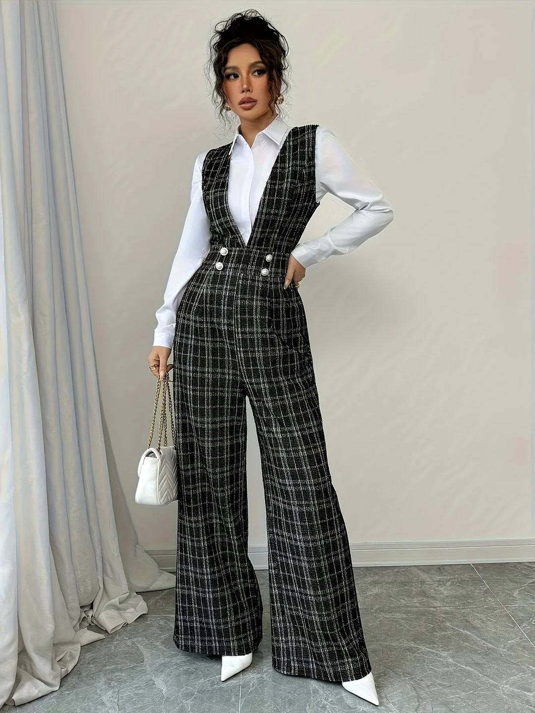 Dames jumpsuit | Ruit broekpak met v-hals en wijde pijpen