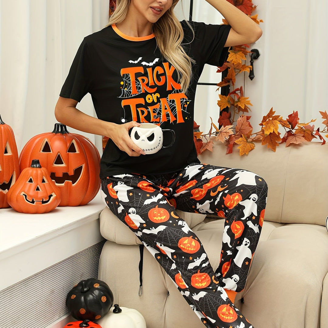 Halloween dames pyjama set | Comfortabele pyjama met pompoen & spook print