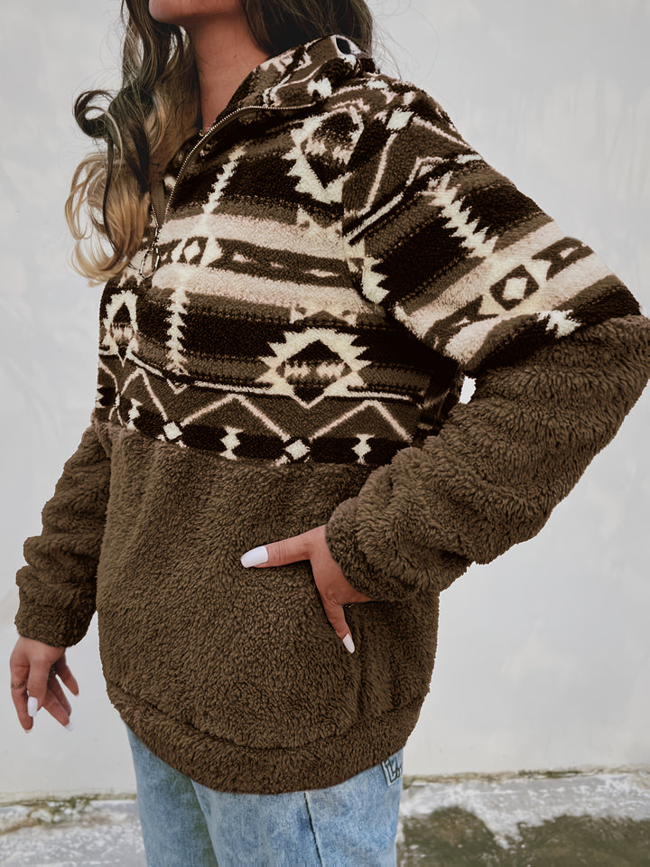 Dames sweater | Teddy fleece trui met halve rits en aztec print