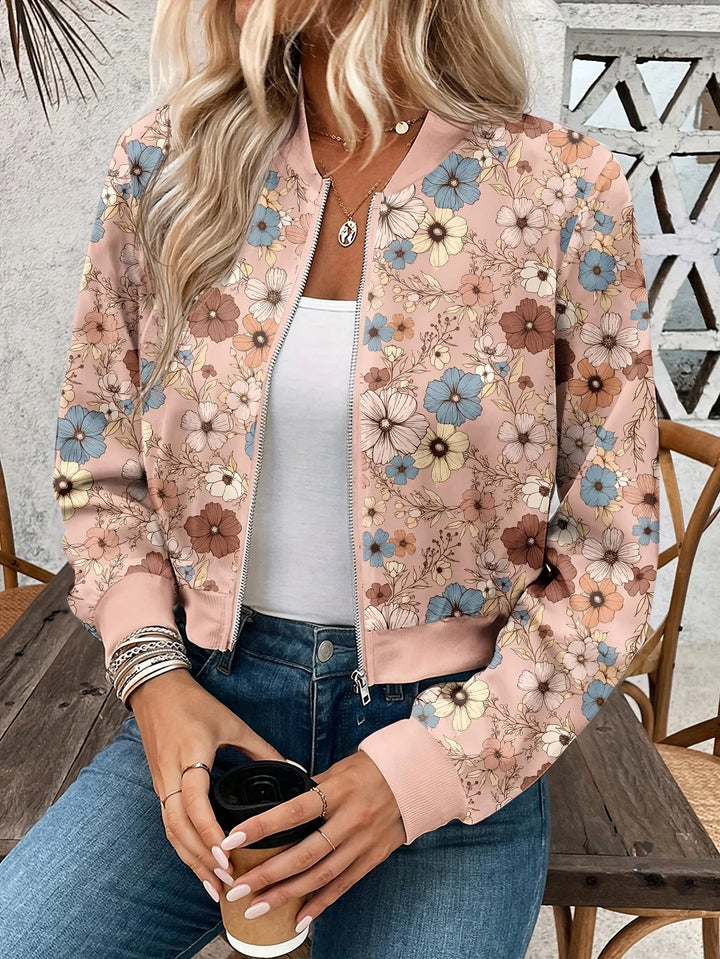 Dames bomberjack | Roze bloemen jas met rits en lange mouw