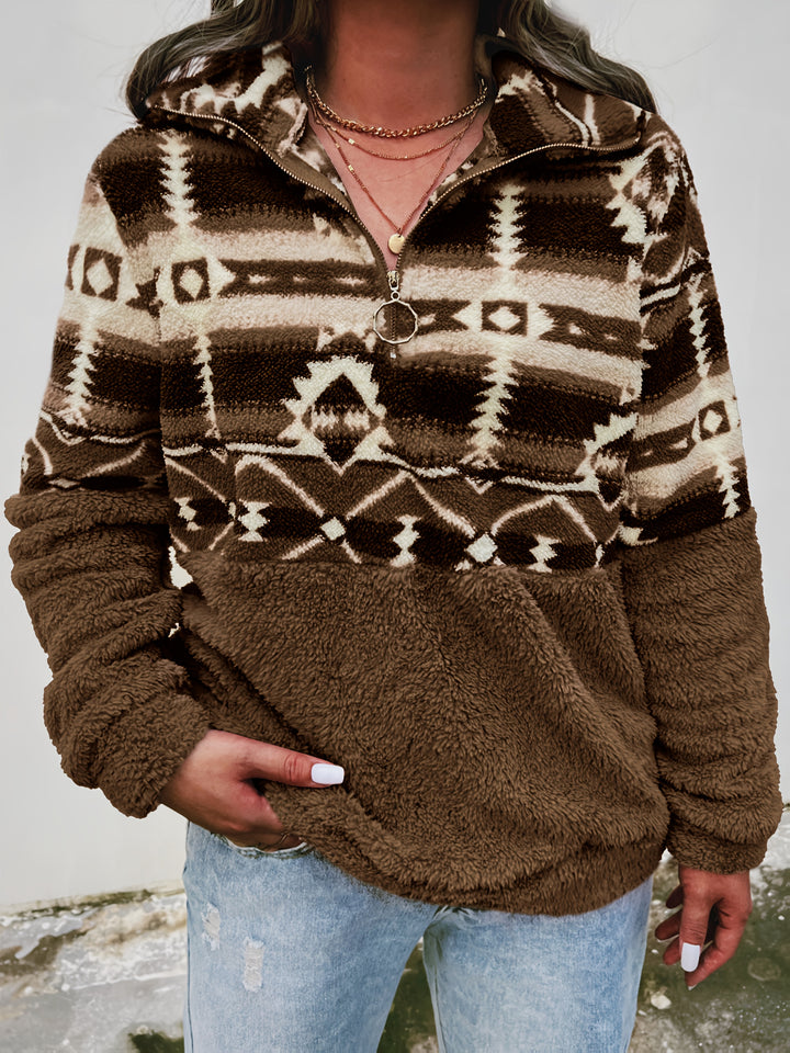 Dames sweater | Teddy fleece trui met halve rits en aztec print