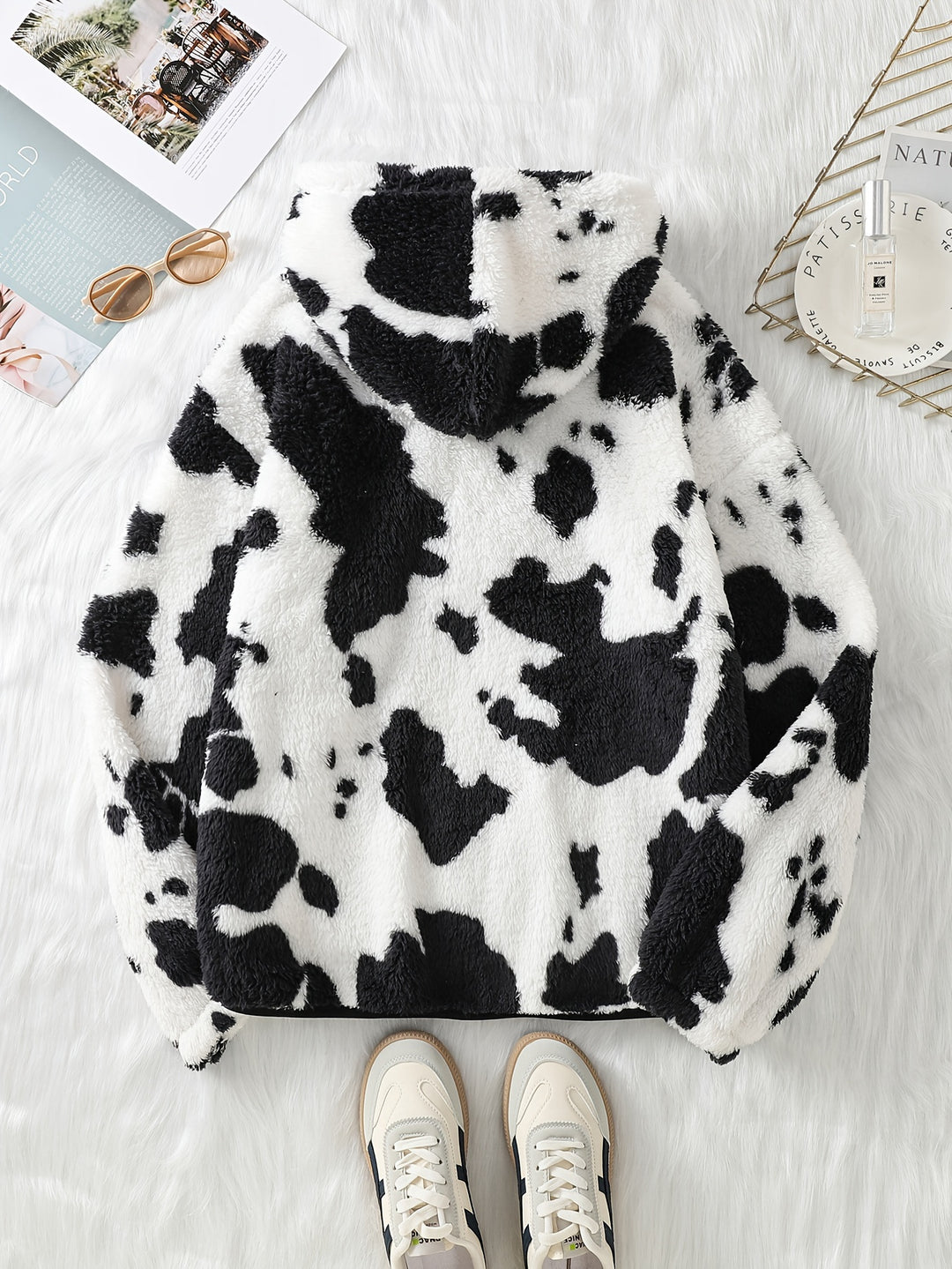 Dames zachte fleece hoodie met koeienprint & capuchon