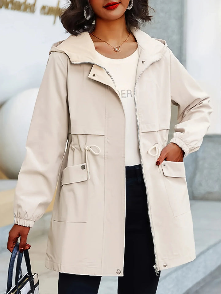 Dames trenchcoat | Beige windbreaker met capuchon en taillekoord