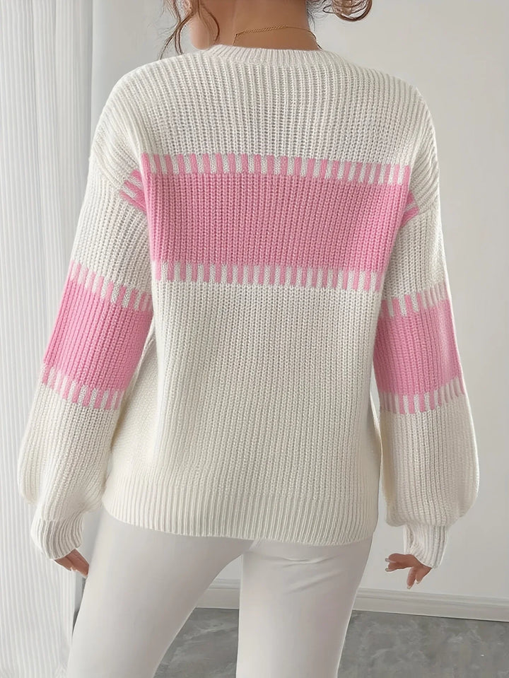 Dames trui | Gebreide sweater met strepen en ronde hals