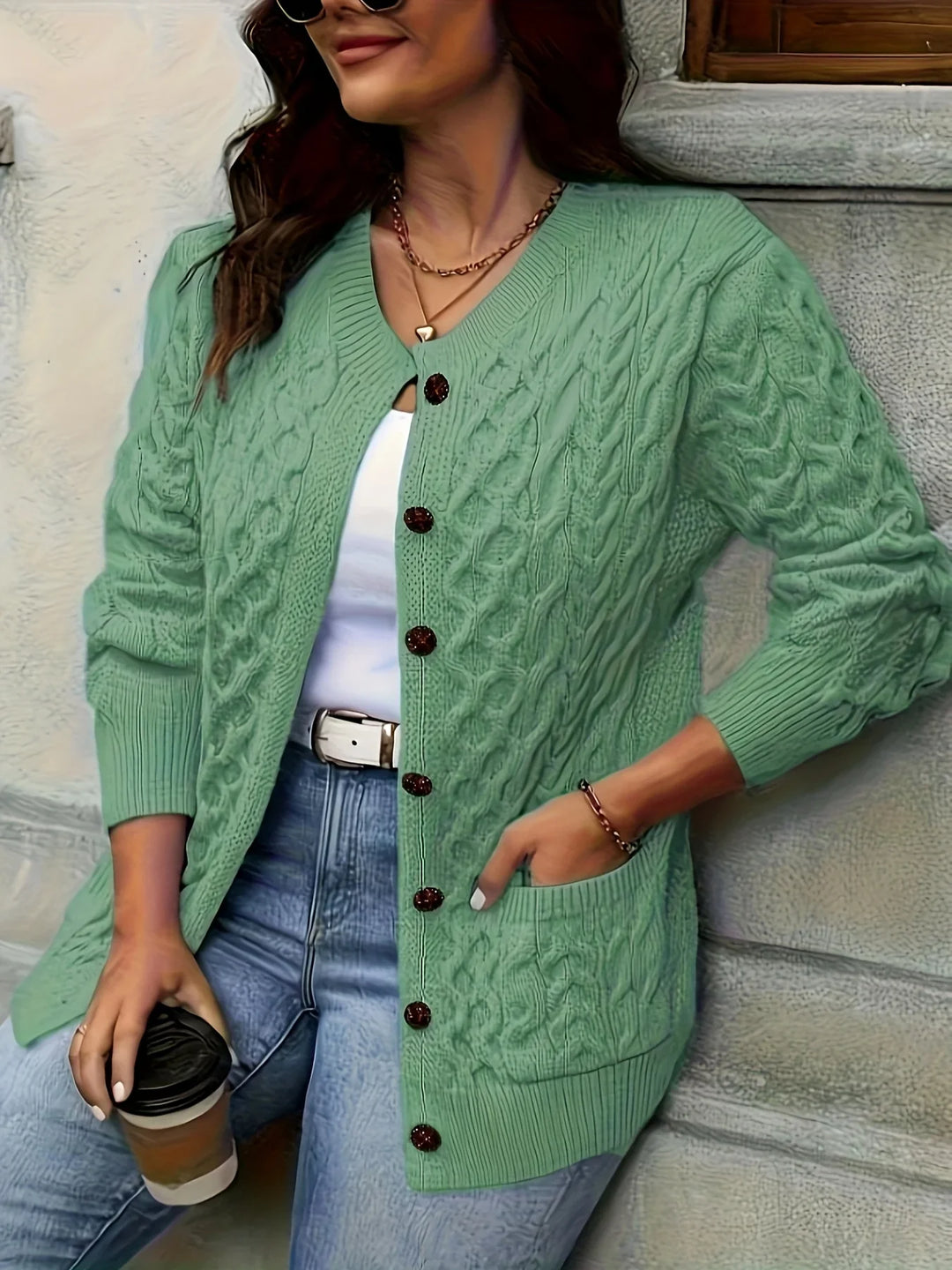 Dames vest | Kabelgebreide trui met knopen en zakken
