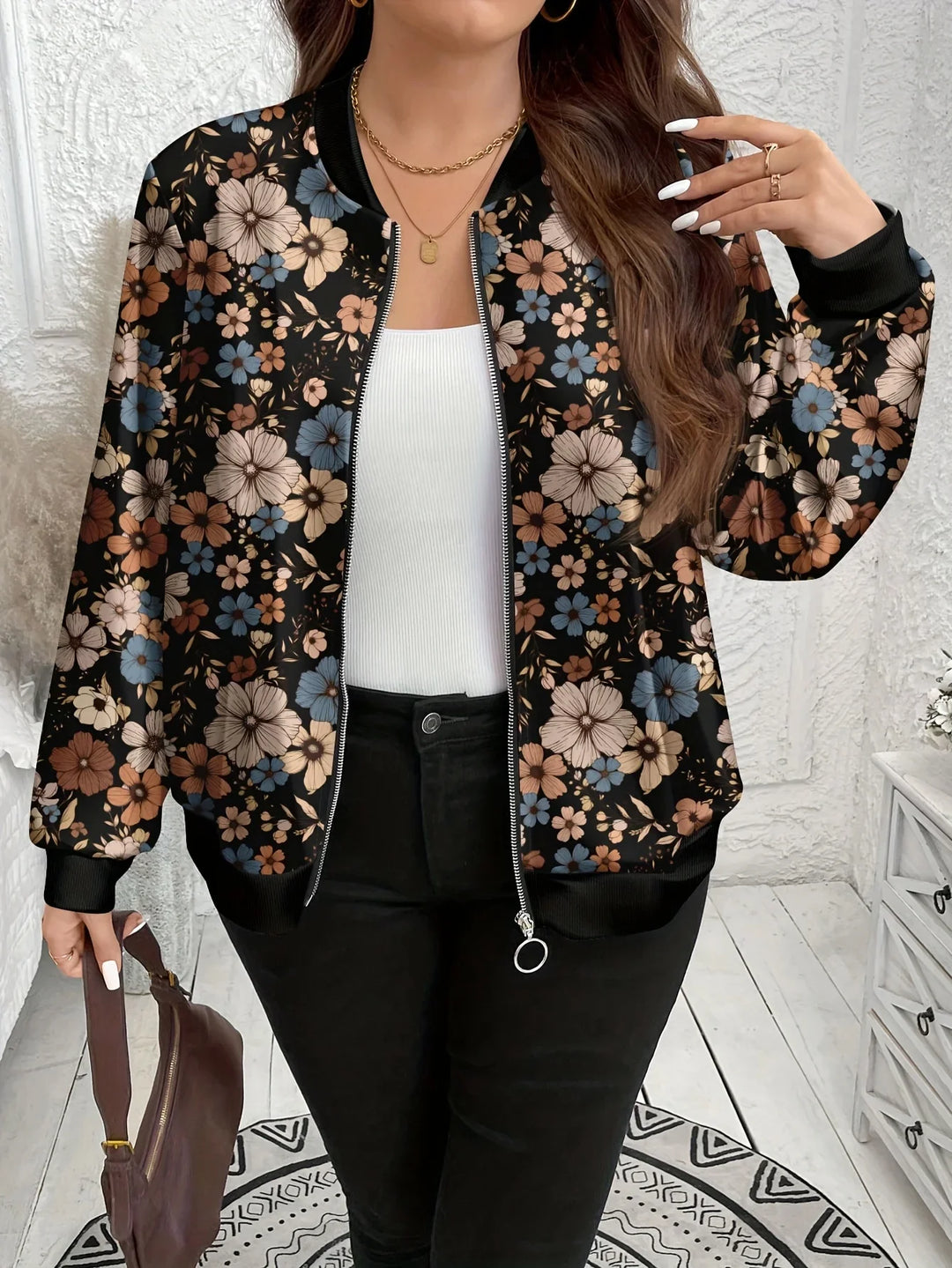 Dames bomber jacket | Zwarte bloemen jas met rits en lange mouw