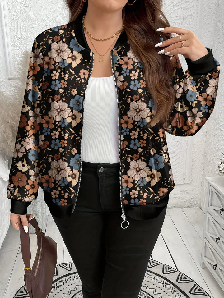 Dames bomber jacket | Zwarte bloemen jas met rits en lange mouw