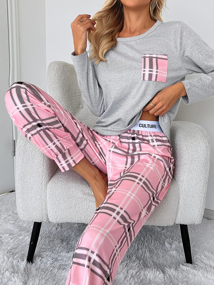 Dames pyjama set | Roze geruite broek met grijs shirt