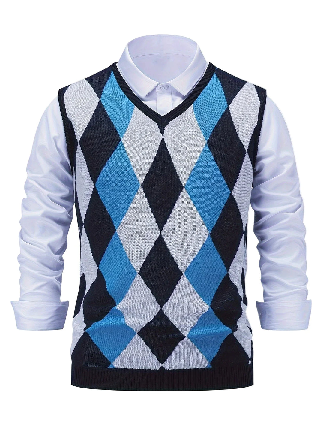 Heren pullover | Gebreide v-hals trui zonder mouwen met ruitpatroon