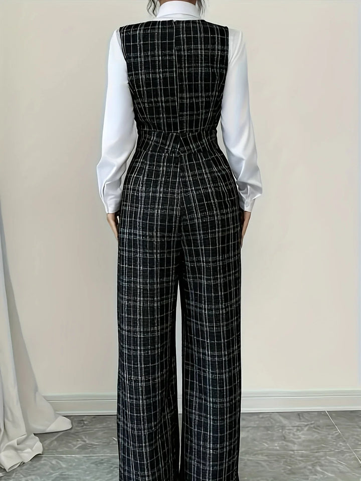 Dames jumpsuit | Ruit broekpak met v-hals en wijde pijpen