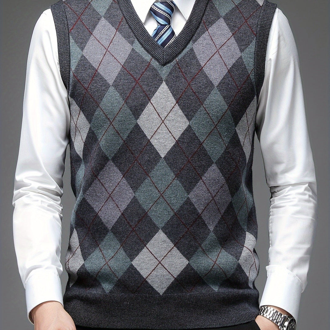 Heren pullover | Argyle gebreide trui zonder mouwen v-hals