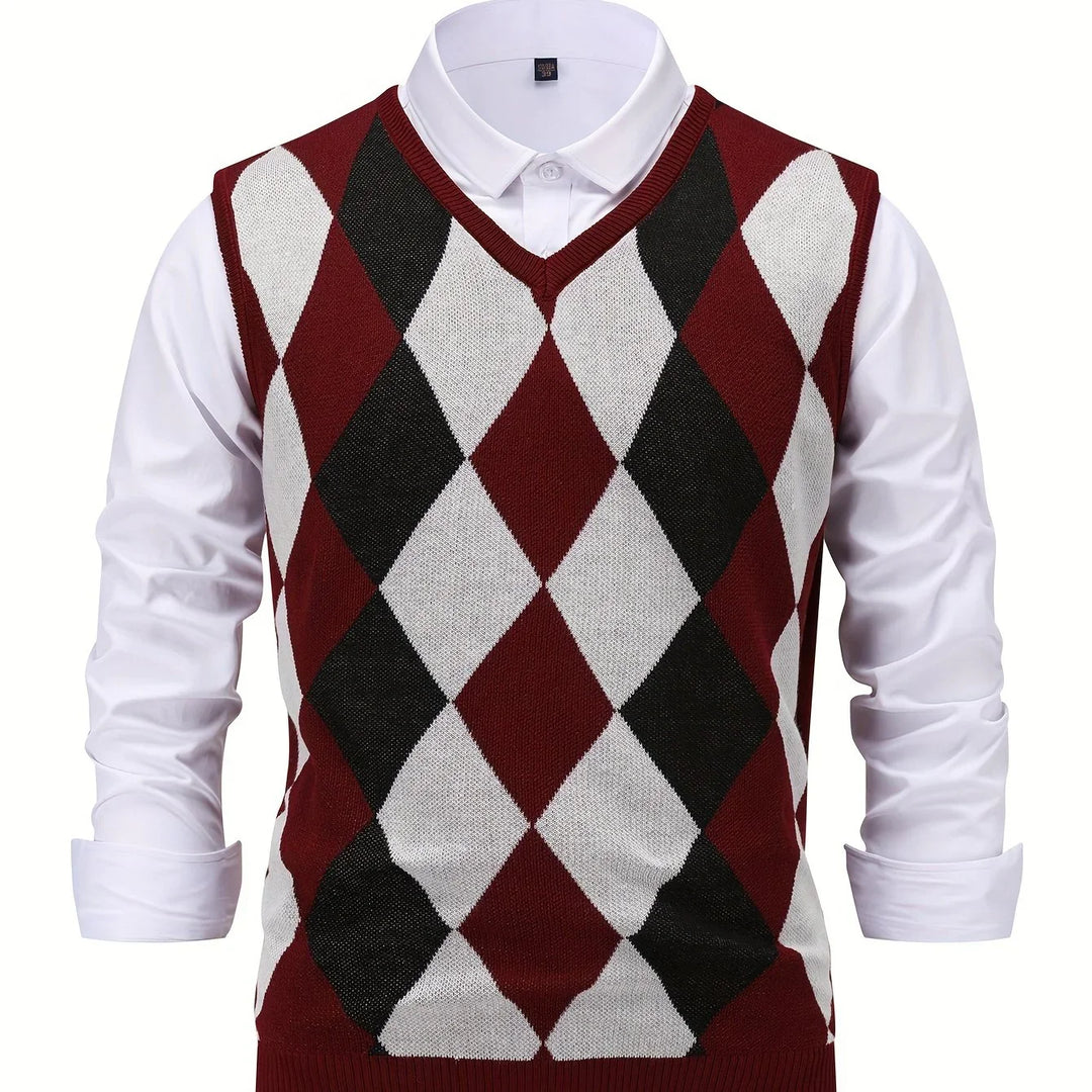 Heren pullover | Gebreide v-hals trui zonder mouwen met ruitpatroon