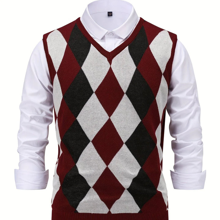 Heren pullover | Gebreide v-hals trui zonder mouwen met ruitpatroon