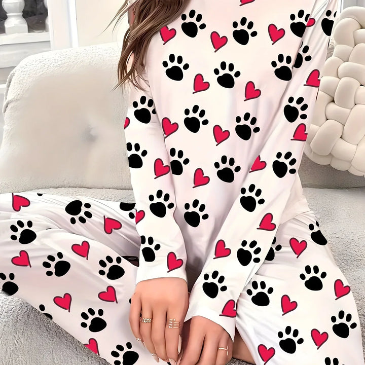 Dames pyjama set | Hartjes en pootafdruk print met lange mouwen