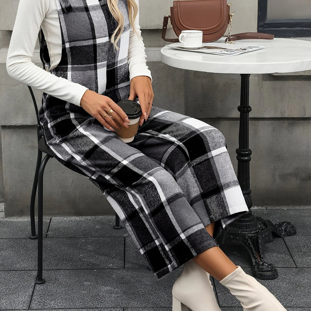 Dames jumpsuit | Ruit broekpak met square neck en wijde pijpen