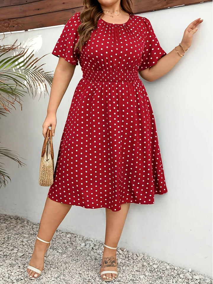 Dames jurk | Groene stippen jurk met elastische taille