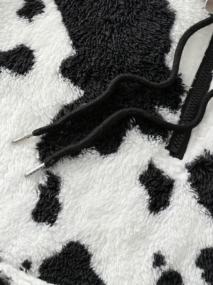 Dames zachte fleece hoodie met koeienprint & capuchon