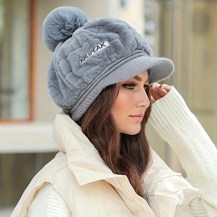 Muts dames met klep | Elegante gebreide winter baret met pompon