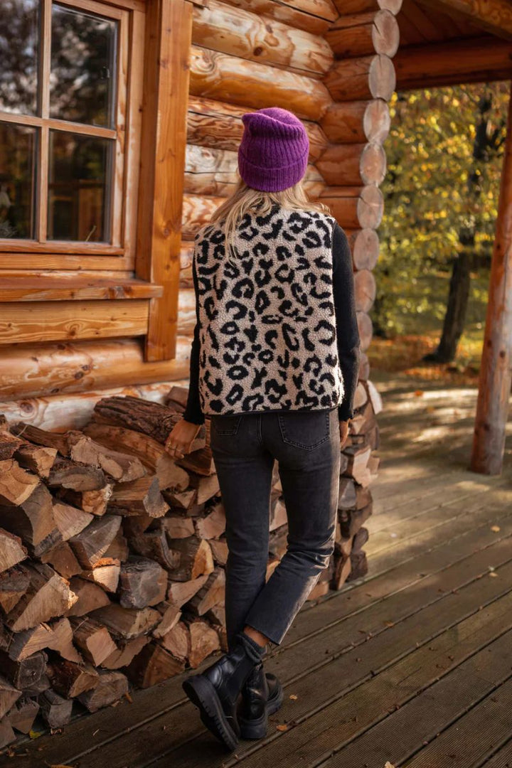 Dames trui | Gebreid vest met leopard print en knoopsluiting