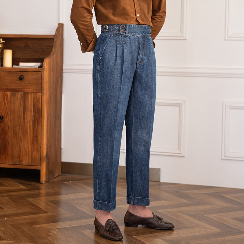 Vintage Denim Broek | Heren geplooide straight fit jeans