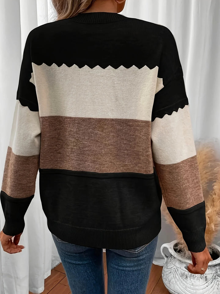 Dames trui | Beige colorblock sweater met ronde hals