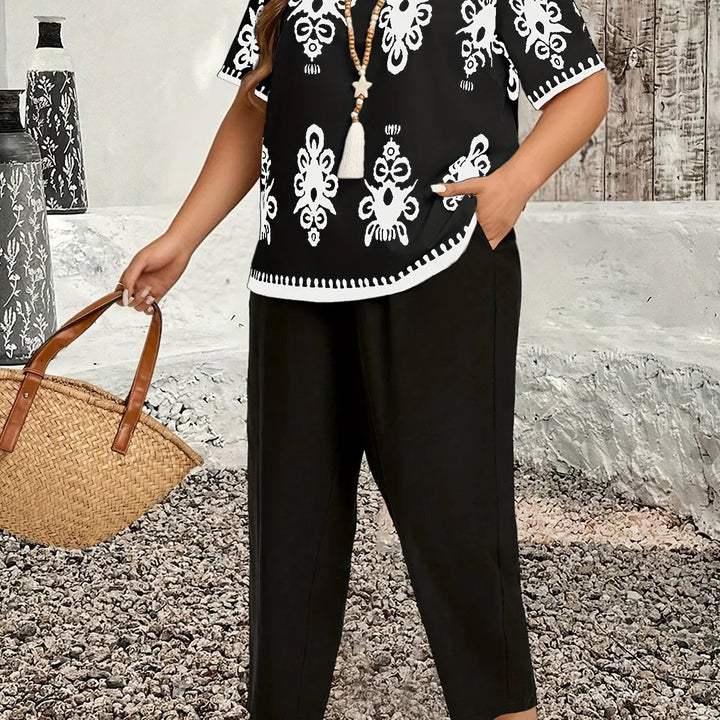 Dames set | Plus size co ord outfit met print top en broek