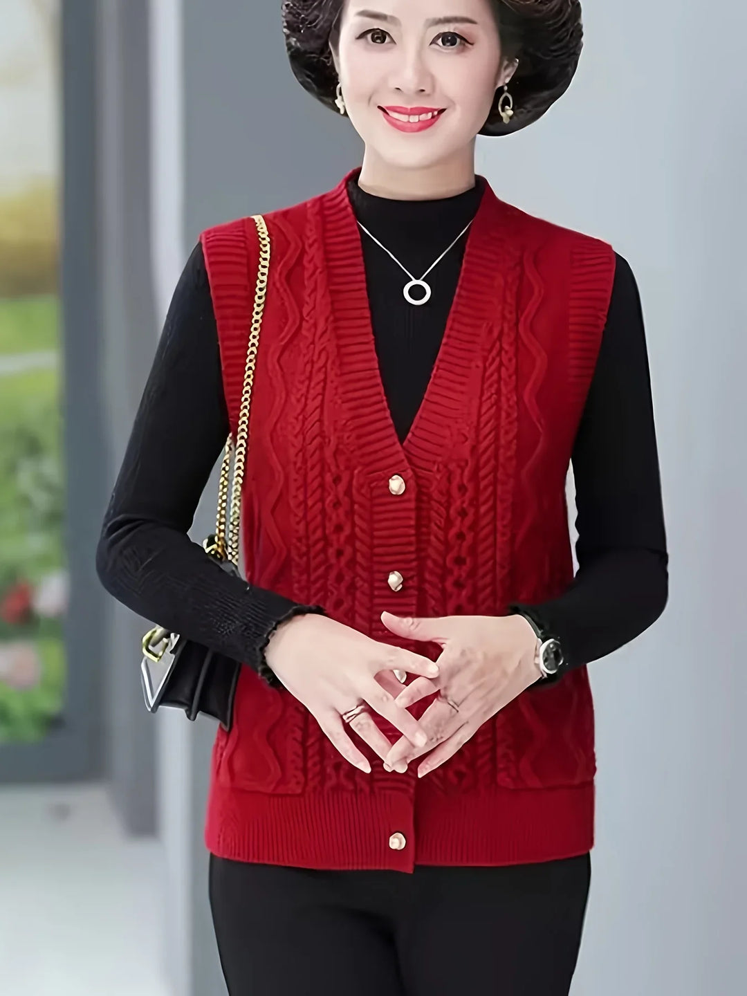 Dames vest | Kabelgebreid mouwloos cardigan met knopen