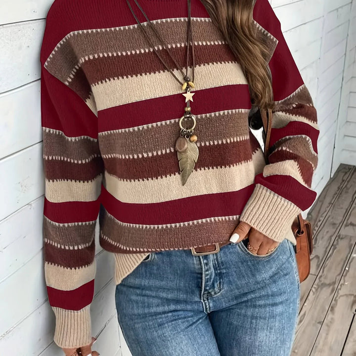 Dames trui | Gestreepte sweater met ronde hals in herfstkleuren