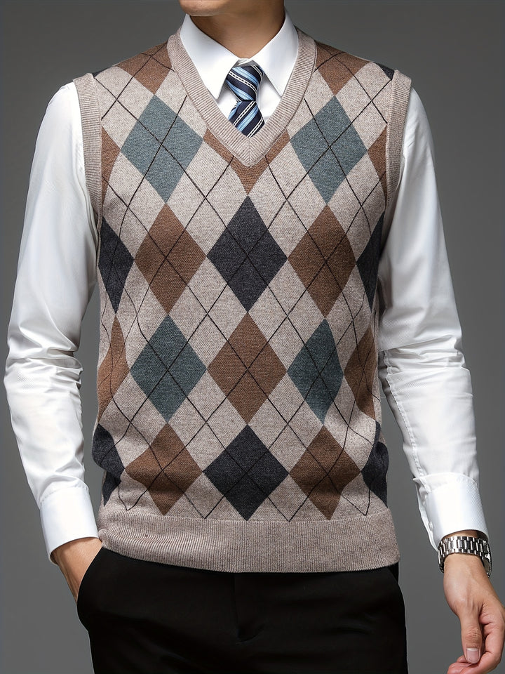 Heren pullover | Argyle gebreide trui zonder mouwen v-hals