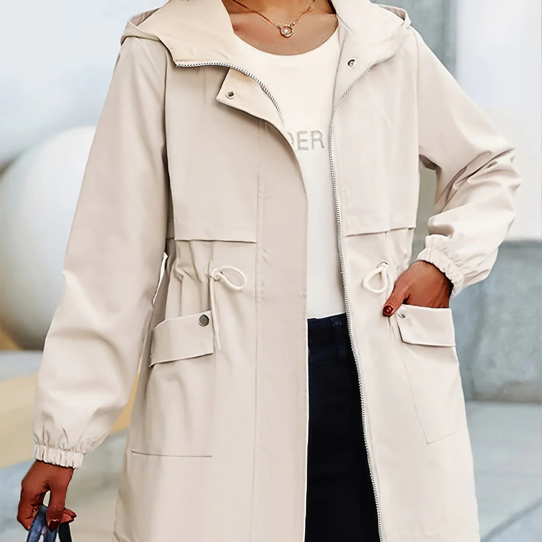 Dames trenchcoat | Beige windbreaker met capuchon en taillekoord