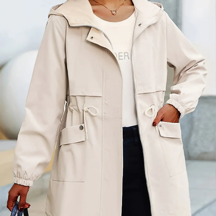 Dames trenchcoat | Beige windbreaker met capuchon en taillekoord
