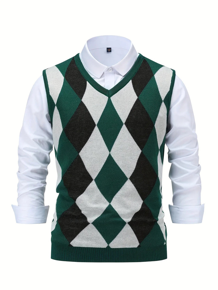 Heren pullover | Gebreide v-hals trui zonder mouwen met ruitpatroon