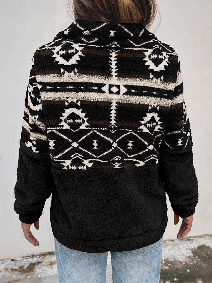 Dames sweater | Teddy fleece trui met halve rits en aztec print