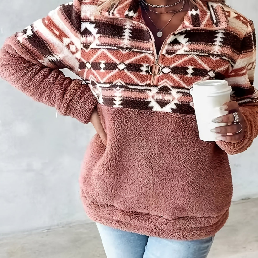Dames sweater | Teddy fleece trui met halve rits en aztec print