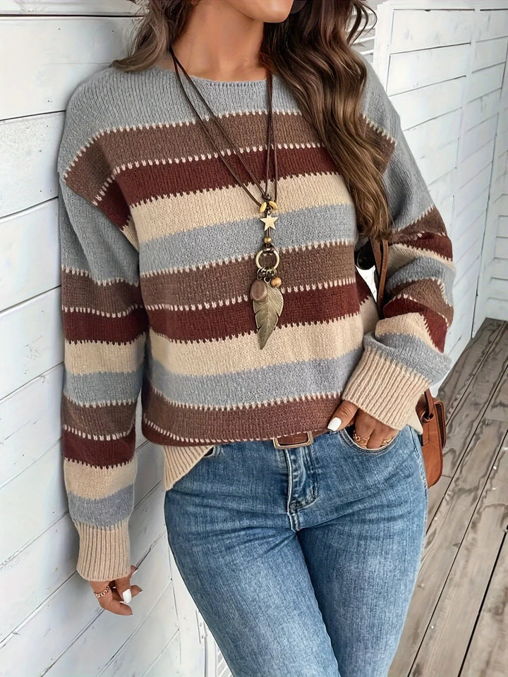 Dames trui | Gestreepte sweater met ronde hals in herfstkleuren