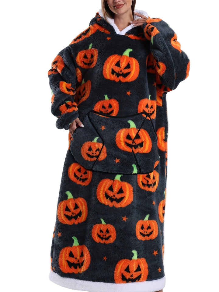Oversized hoodie deken | Fleece trui met halloween pompoen print