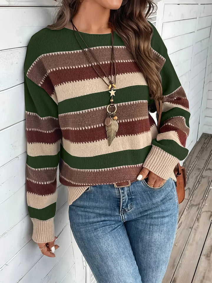 Dames trui | Gestreepte sweater met ronde hals in herfstkleuren