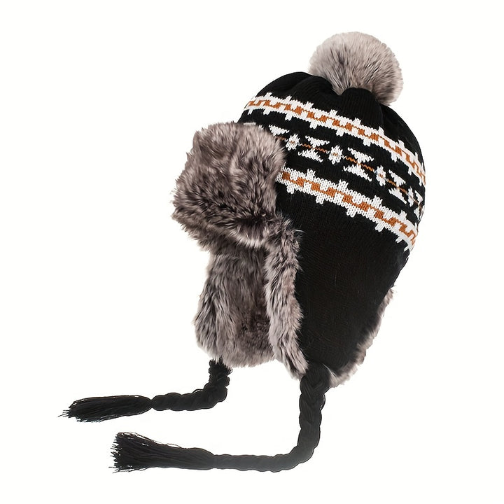 Noorse gebreide wintermuts | Met oorflap, pompon en warme fleece voering