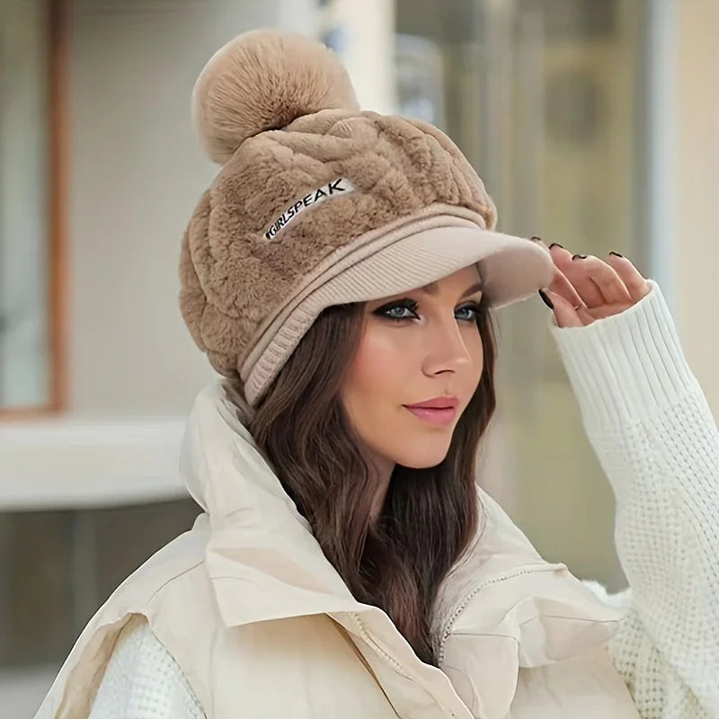 Muts dames met klep | Elegante gebreide winter baret met pompon