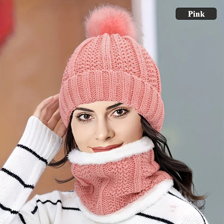 Gebreide wintermuts dames met pompon | Warme col sjaal set tegen kou